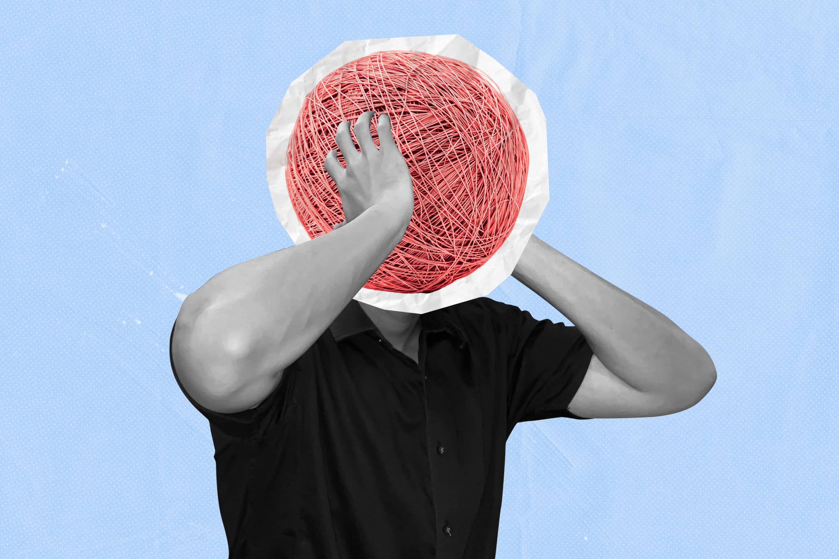 Person with tangled red yarn ball as a head symbolizing frustration mental clutter and stress 2208975622 3869x2579 scaled